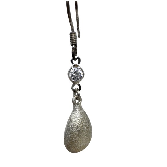 Silver Tone Frosted Textured Teardrop Dangle Earrings with Rhinestone Y2K Retro - Picture 2 of 5